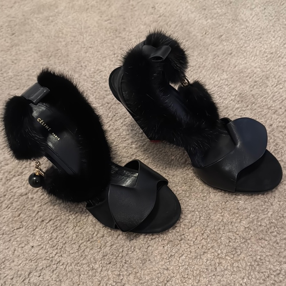 Celine Black Fur Trim Leather High-Heel Sandals